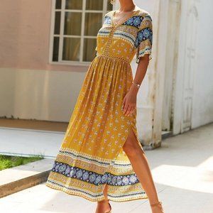 SHEIN Women's Tribal Print Split Thigh Dress Floral Print Yellow NWOT SIze M
